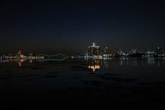 An after-dark view celebrating the lights and atmosphere of Detroit — photograph by Chris Ahern